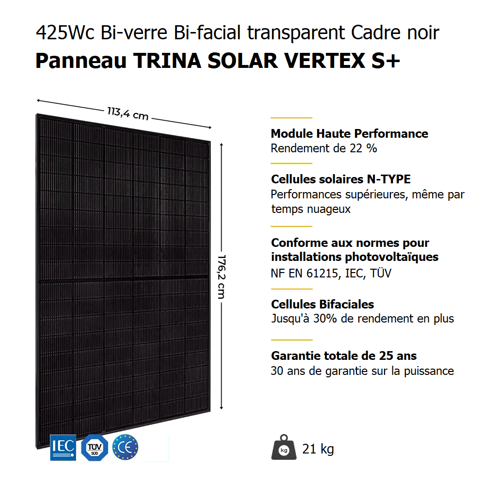 Kit solaire 1700W verre bifacial - ensemble complet toit plat/sol